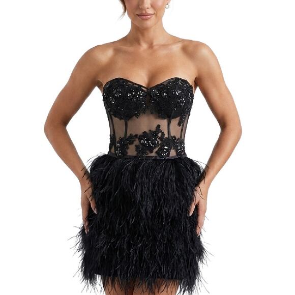 Cinderella Dresses & Skirts - Cinderella Black Feather Corset Mini Dress Strapless Beaded Prom Size 4 Cocktail